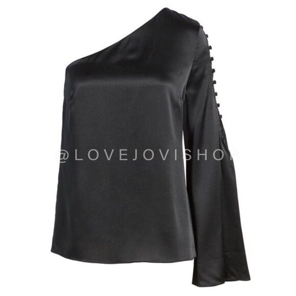 NYE Glam | Parker Black Silk One Shoulder Bell Sleeve Top | Elegant Party Flowy - Picture 3 of 16